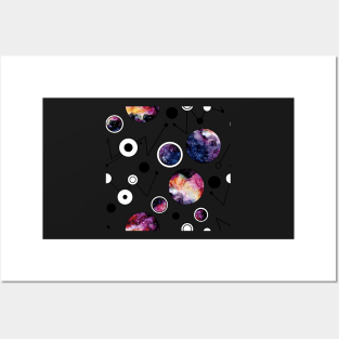 Watercolor Black Dots, Lines and Galaxy in Circles Posters and Art